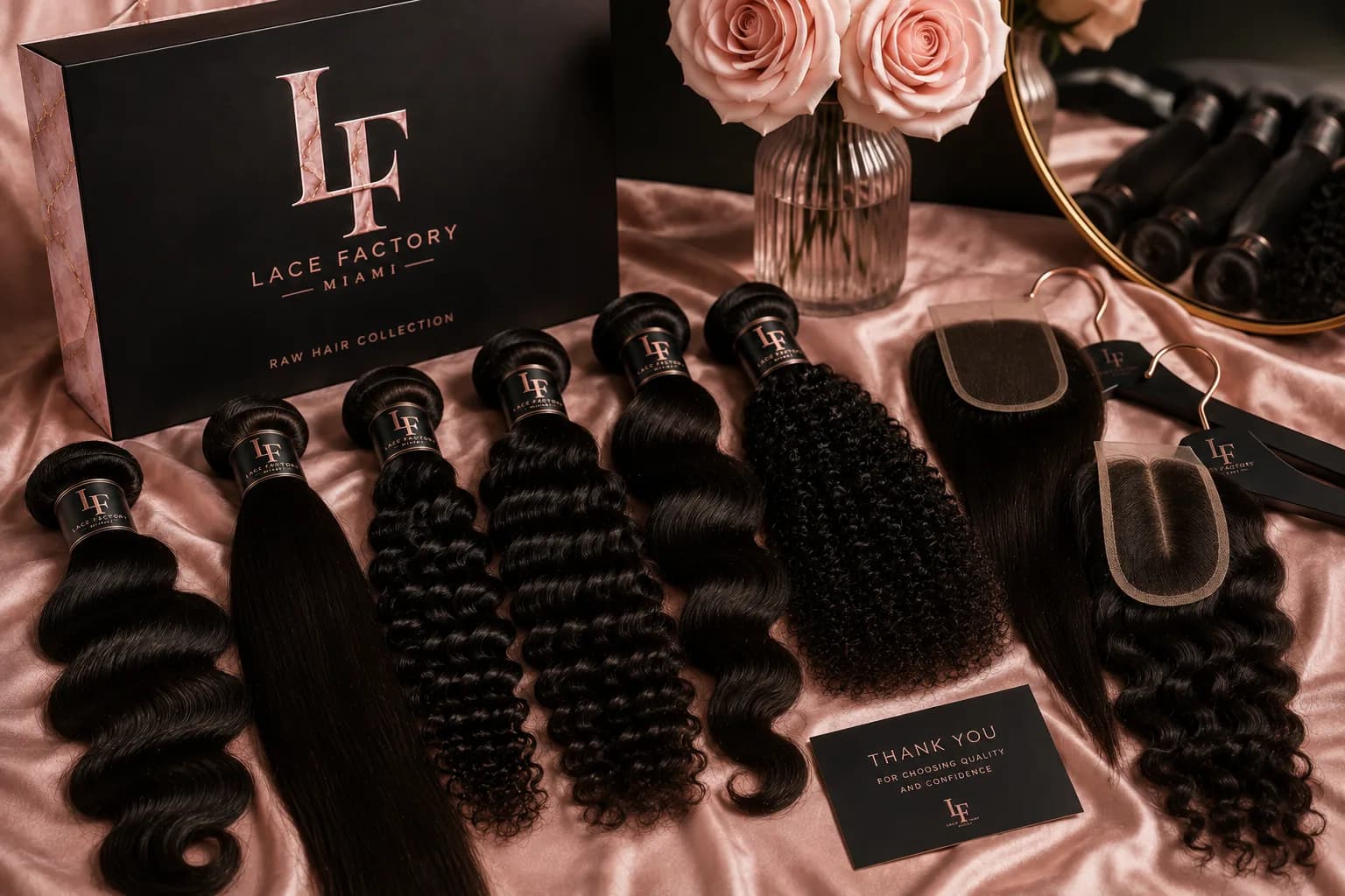 Bundles and closures laid out with the Raw Hair Collection box